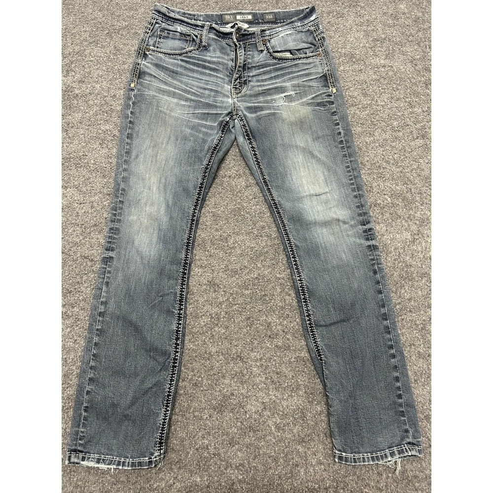 BKE Jeans Mens Size 33R Jake Straight Leg Blue Distressed Heavy Stitch Denim